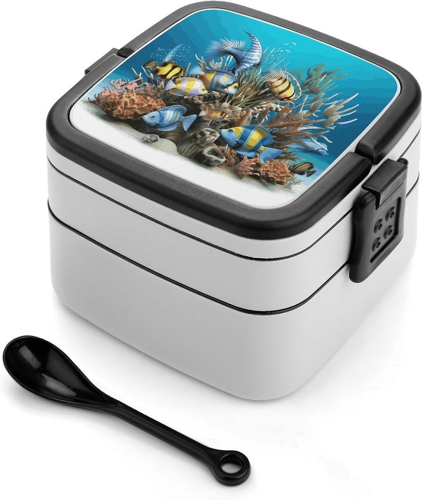 Bento Box Stackable Lunch Box with 2 Compartments Leak-Proof Food Storage Containers 3D Ocean Fish Bento Lunch Box for Adults Lunch Containers with Utensil Set