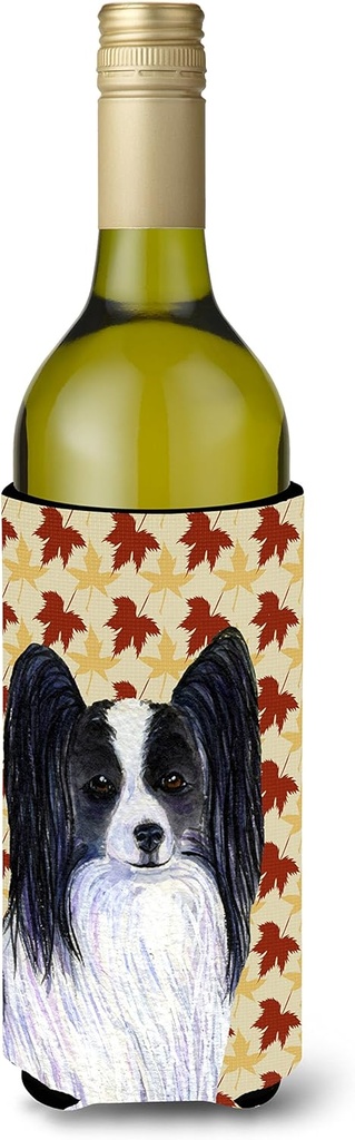 Caroline's Treasures SS4351LITERK Papillon Fall Leaves Portrait Wine Bottle Hugger Bottle Cooler Sleeve Hugger Machine Washable Collapsible Insulator Beverage Insulated Holder