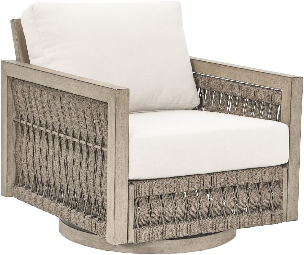 Swivel Patio Chair, Aluminum Outdoor Swivel Chair with Washable Cushions, Rope Weave Outdoor Furniture Patio Sofa Armchair, Deep Seating Patio Furniture for Garden, Porch, Poolside, Gray Oak