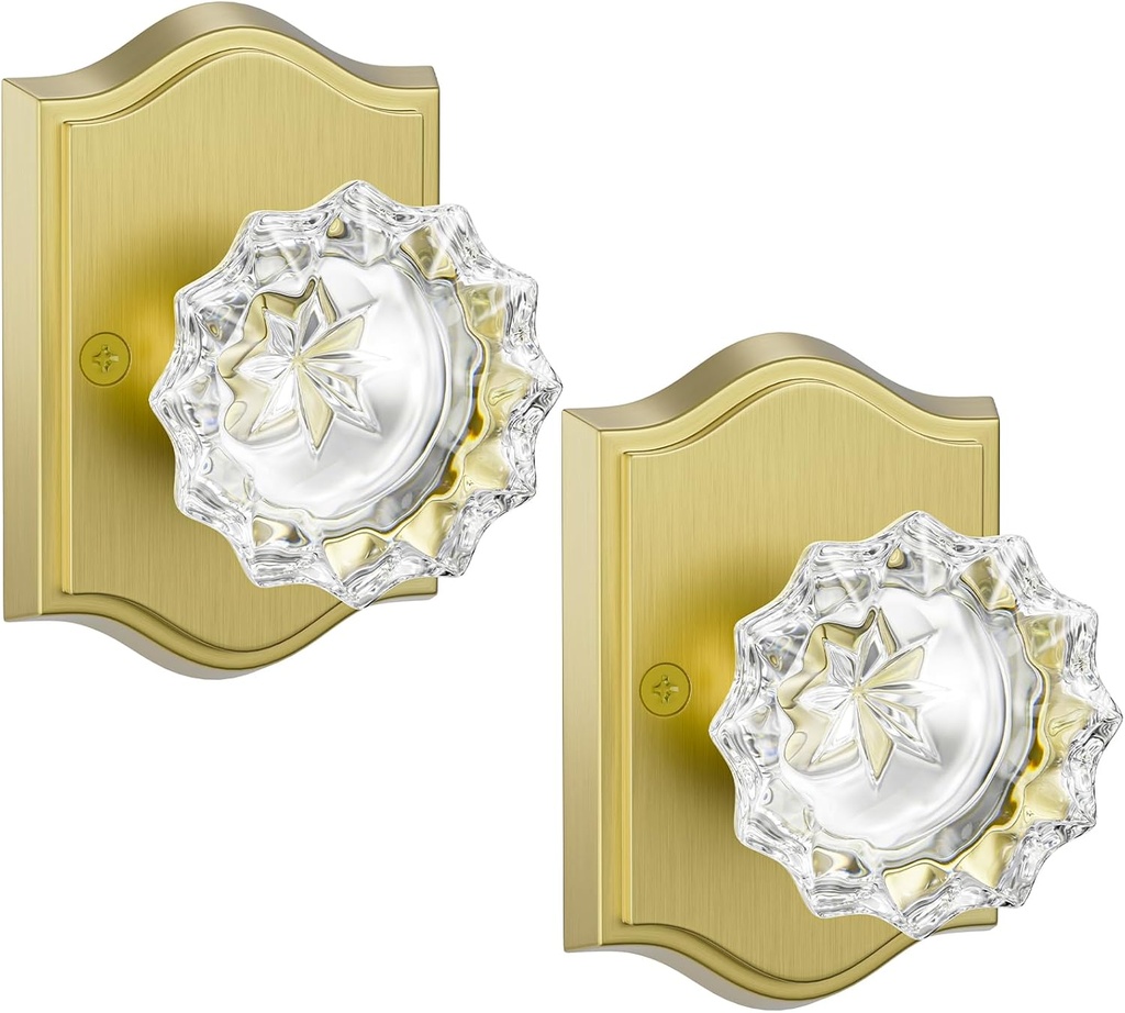 HOSOM 2 Pack Dummy Door Knob, Glass Door Knobs Interior/Exterior Crystal Closet Door Knobs, Non-Turning Single Side Dummy Door Knob, Pull Only, Gold
