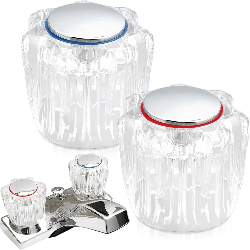 2 pcs Faucet Handles with Screws, Transparent Acrylic Hot and Cold Faucet Replacement Handles Bathroom Sink Bathtub Faucet Knobs fits D-Shaped Hot Cold Faucet Stems(Color:1 Red + 1 Blue)