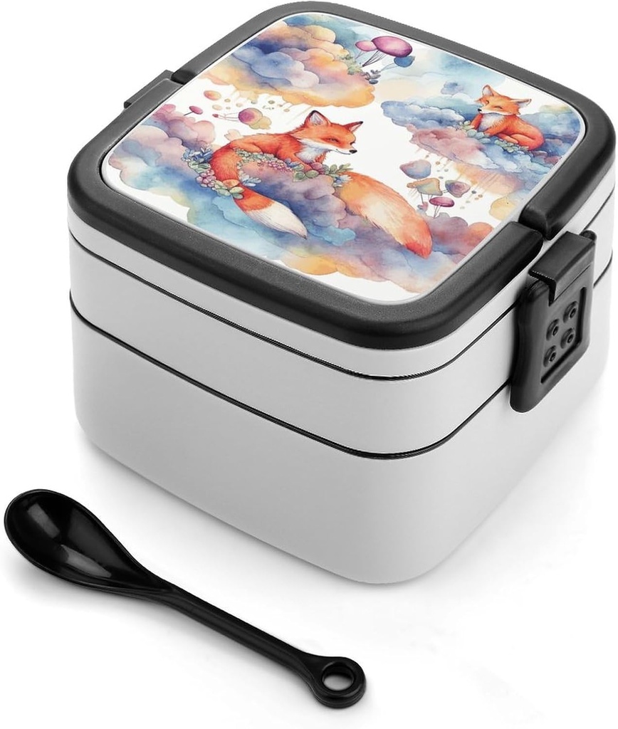 Fox And Clouds Bento Box with Compartments Double Layer Bento Lunch Box with Spoon And Handle All-in-One Adult Lunchbox Leakproof Lunch Container for Work Picnic Travel