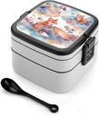 Fox And Clouds Bento Box with Compartments Double Layer Bento Lunch Box with Spoon And Handle All-in-One Adult Lunchbox Leakproof Lunch Container for Work Picnic Travel