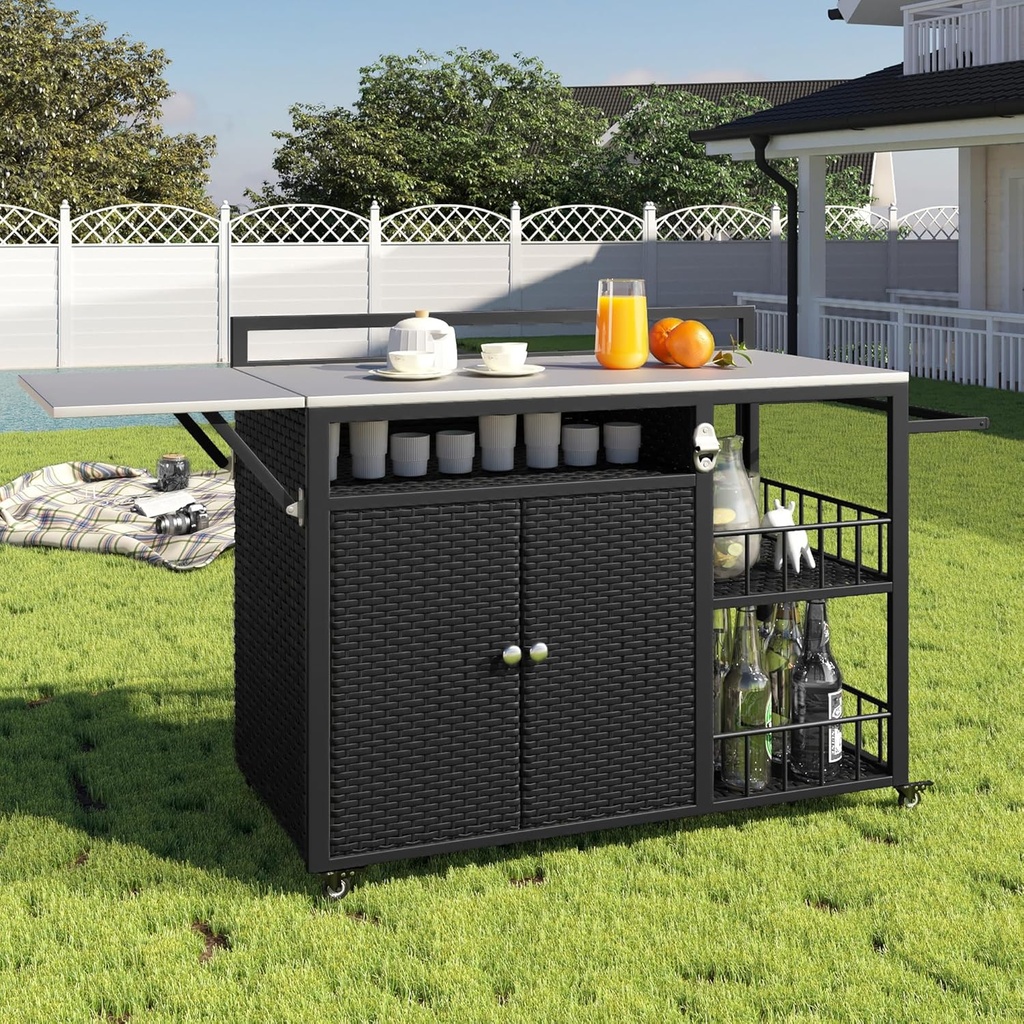 Merax 63.5" Outdoor Kitchen Island, Kitchen Storage Island, Cooking Station, Outdoor Grill Cart with Foldable Side Tabletop, Ample Storage Space, Bottle Opener for BBQ, Patio, Backyard, Dark Brown