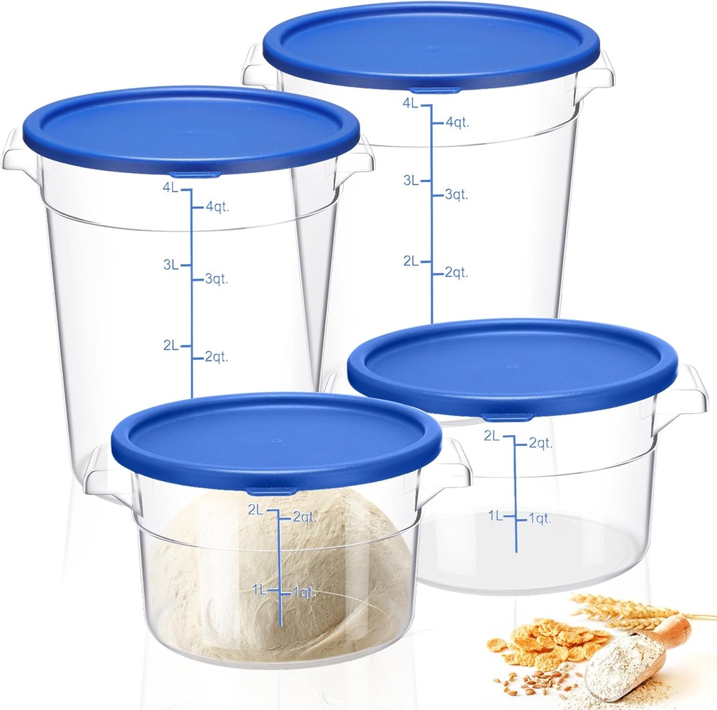Wenqik 4 Pcs Food Storage Container with Lids Set Proof Dough Round Clear Commercial Containers with Scales and Handles for Bread Dough Rise Home Restaurant Food Storage 2 Qt 4 Qt (Blue)