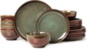 Stoneware Dinnerware Sets for 6, 18 Pieces Ceramic Plates and Bowls Sets, Chip and Scratch Resistant Dish Set, Dishwasher & Microwave Safe Plate Set, Brown Green