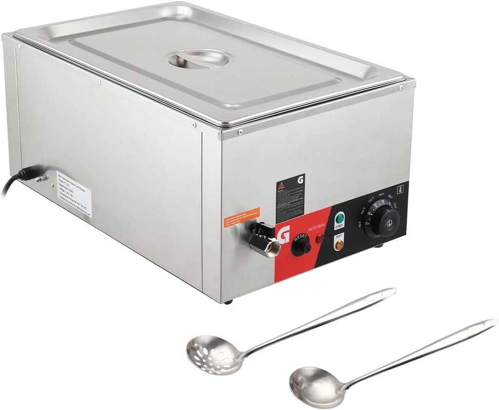Electric Commercial Food Warmer, 20QT/1-Pan Stainless Steel Bain Buffet Servers and Warmers with Temperature Control & Lid for Parties, Catering, Restaurants, 2 Spoons