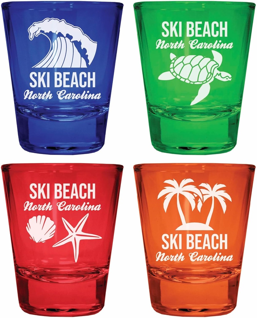 R and R Imports Ski Beach North Carolina Souvenir 4-Pack Multicolor Engraved Round Shot Glasses Beach Set