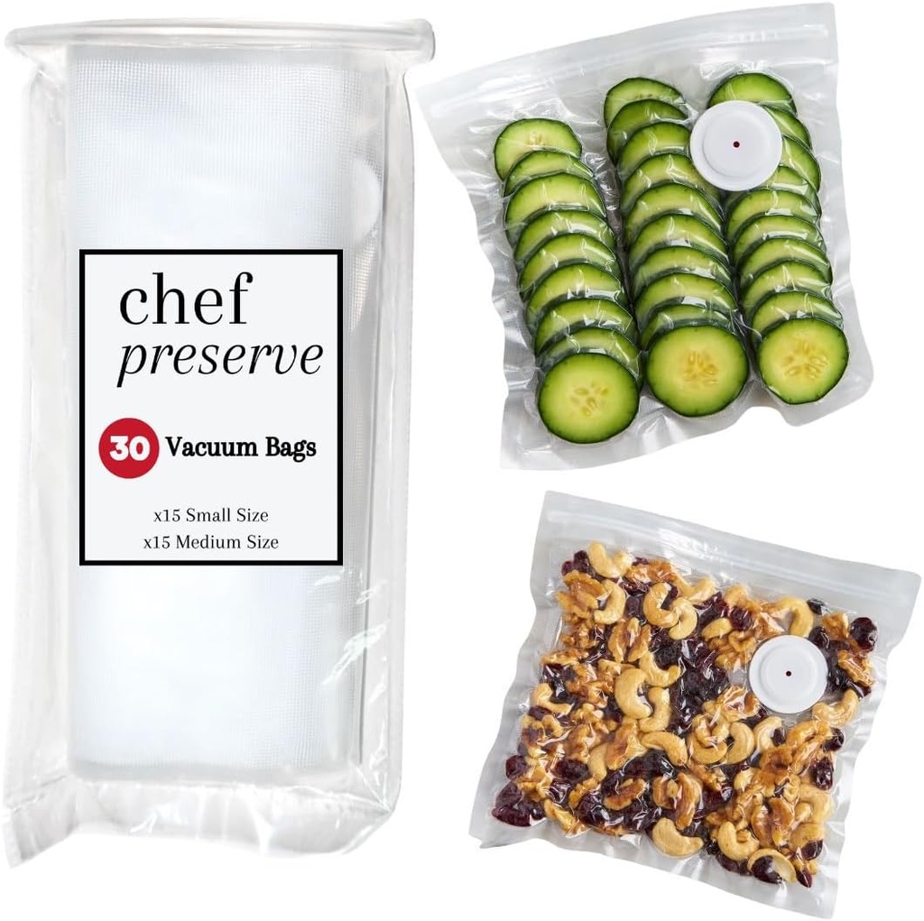Chef Preserve Reusable Vacuum Sealer Bags for Food – 30 BPA-Free Food Storage Bags, Freezer, Microwave – Odor-Resistant, Leak-Proof – Compatible with Chef Preserve Vacuum Sealers