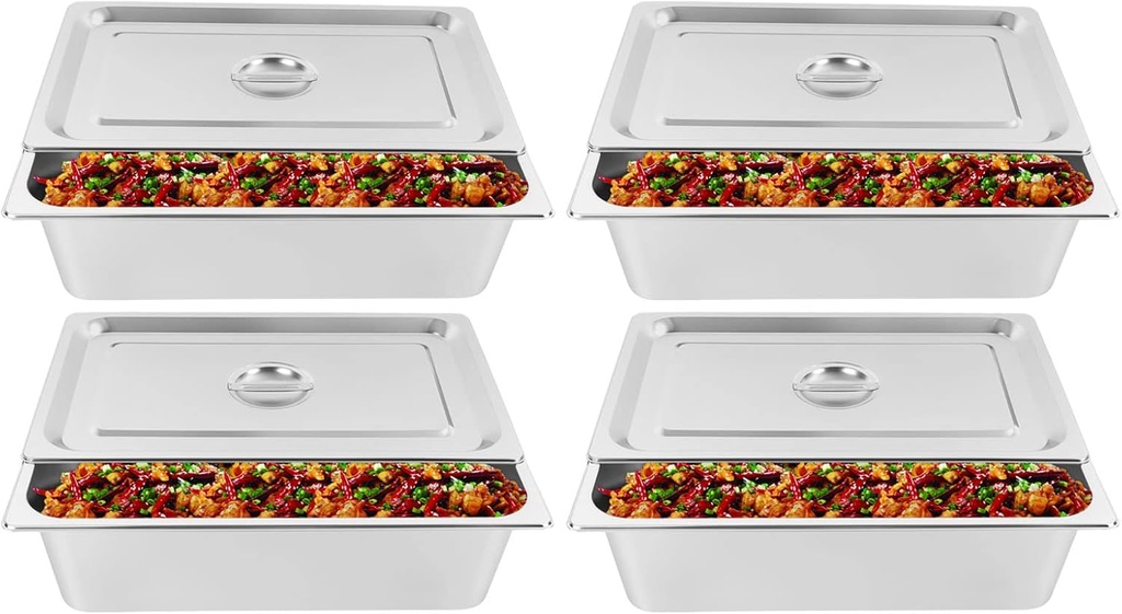 4 Pcs Hotel Pan with Lid Stainless Steel Food Pans for Hotel 6 Inch Deep Steam Table Pan Food Storage Containers for Home Kitchen Hotel Canteen Restaurant Office Cafeteria Party, Silver