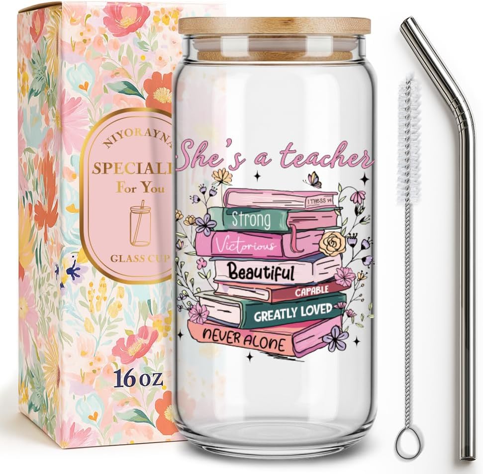 She's a Teacher,Funny Teacher Appreciation Gifts for Women Her Friends Niece Sister,End of the Year Teachers Gifts,Ice Coffee Glass Tumbler with Lid and Straw Teachers Gift for Birthday Christmas-11