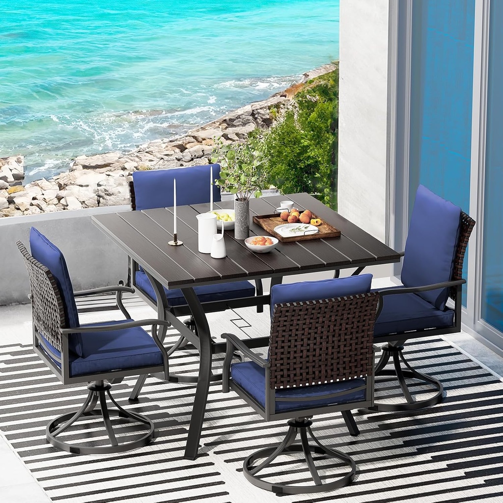 LEVELEVE 5 Piece Outdoor Patio Dining Set with 4 Swivel Dining Chairs & 1 Large Square Dining Table,Bistro Furniture Set for Lawn, Garden, Deck, Backyard and Porch