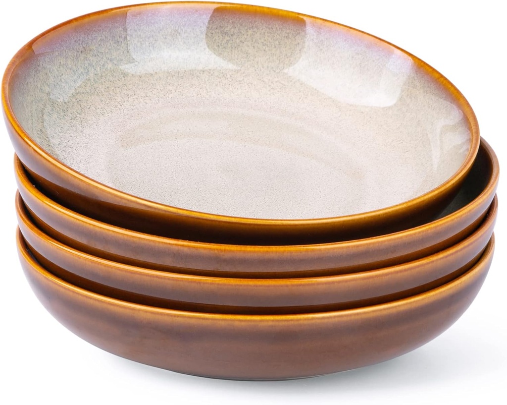 LERATIO Large Pasta Bowls,38oz Ceramic Pasta Bowls,9.0" Reactive Glaze Pasta Bowl Set of 4,Microwave & Dishwasher,Oven Safe,Wide Serving Bowls for Salad,Pasta,Fruit,Scratch Resistant-Khaki