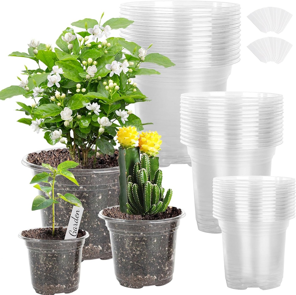 Small Plastic Plant Nursery Pot/Pots (36 Packs 5/4/3.5 Inch Plant Pot and 40 Plant Labels) Seedlings Flower Plant Container (Transparent) Seed Starting Pots Indoor Outdoor