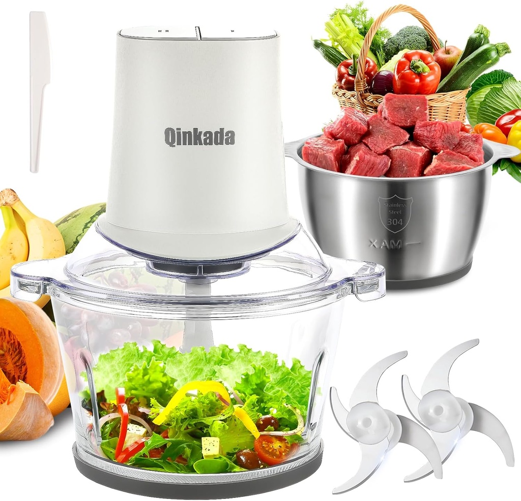 Food Processors with 2 Bowls, 400W Meat Grinder, Food Chopper Electric, 2 Speed, 8Cup Glass and 8Cup 304 Stainless Steel, 2 Blades, Spatula (White)