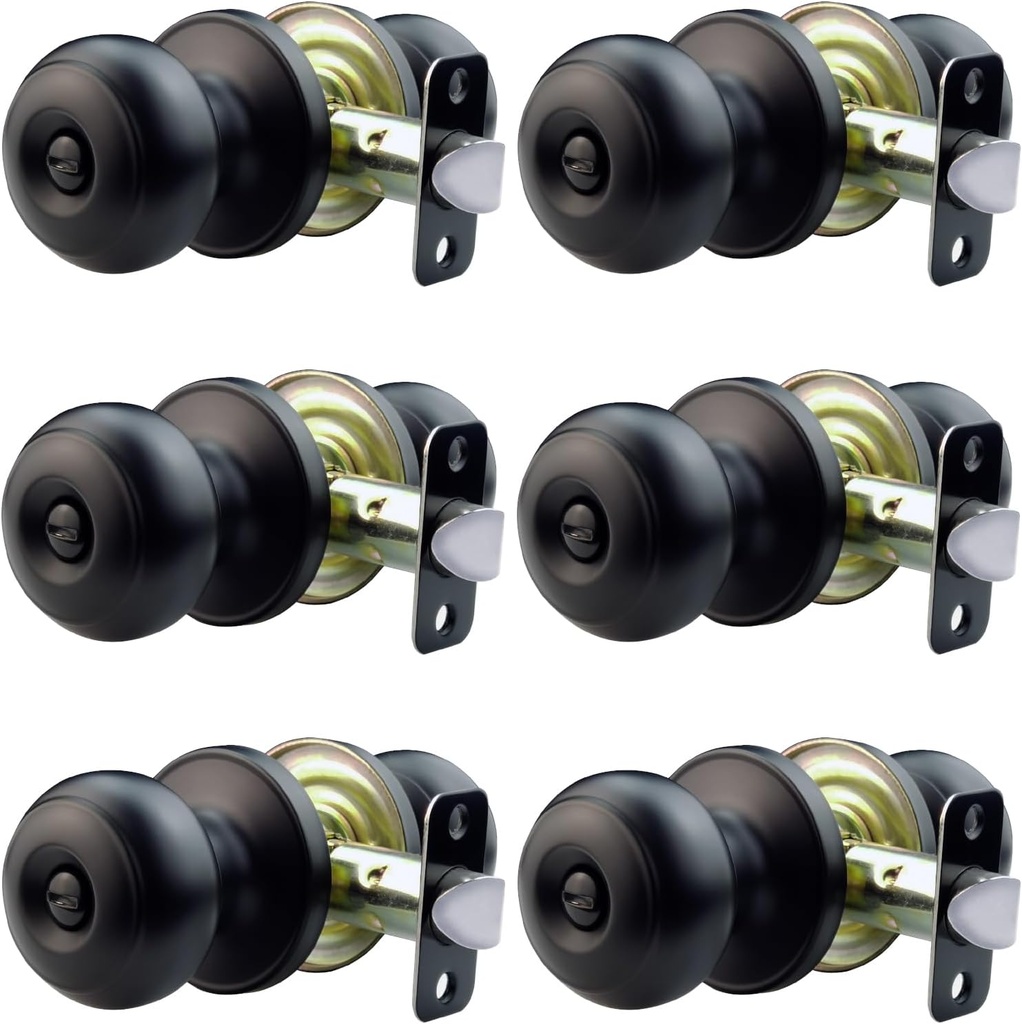 Privacy Black Door Knobs Keyless - Stainless Steel Matte Black Finish, Powder-Coated for Bedroom/Bathroom, Interior/Exterior, Easy Install (6-Pack)