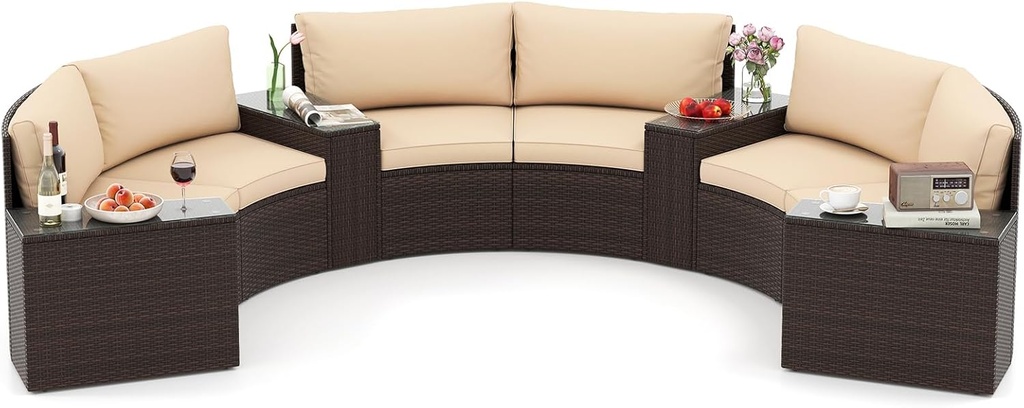 Tangkula 7 Pieces Patio Furniture Set, Rattan Half-Moon Curved Sectional Cushioned Sofas with Tempered Glass Top Side Tables, Outdoor Conversation Set for Porch, Backyard & Poolside