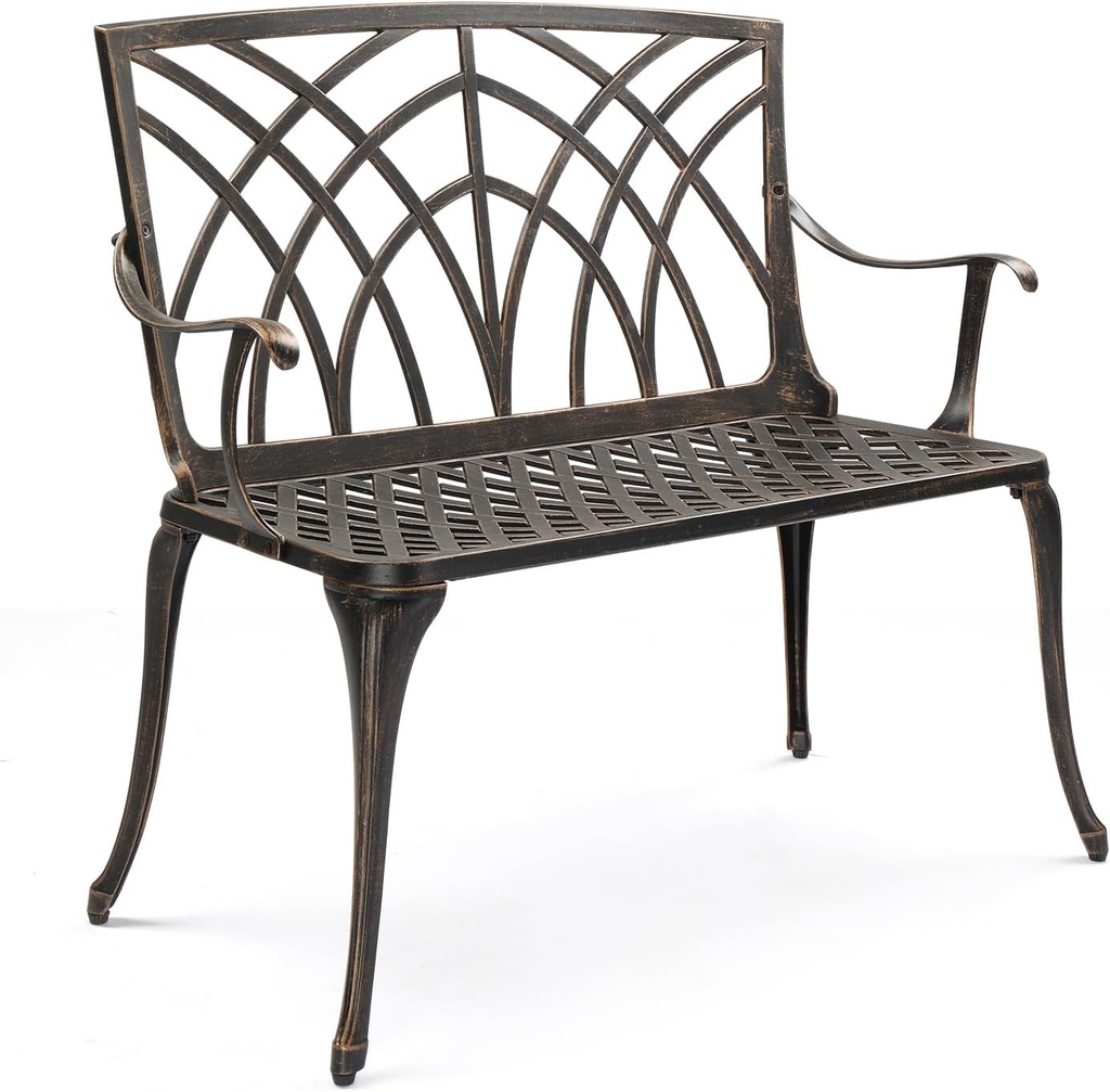 VINGLI 38" Outdoor Metal Bench, Cast Aluminium Garden Bench, Weatherproof Antique Finish Orchid Chair, 1-2 Person Seat Deck Furniture for Porch Entryway Patio (Brown)