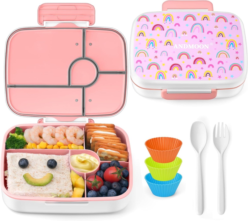 Bento Box for Kids Lunch Box Leak-Proof, Bento Lunch Box with 5 Compartments, Lunch Containers with 3 Silicone Baking Cups, Microwave/Dishwasher Safe (43OZ) (Pink)