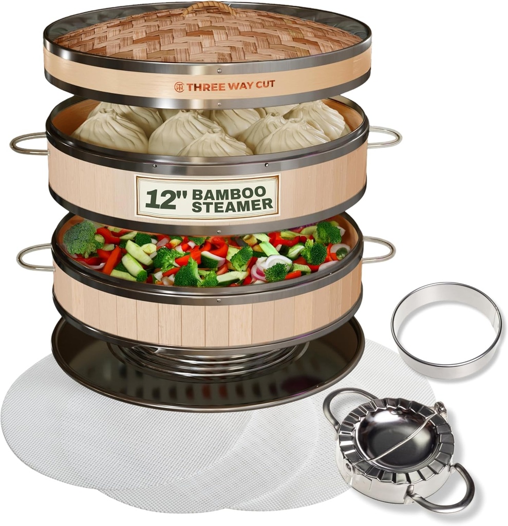 2-tier 12" Bamboo Steamer with Reinforcement & Handle, Reusable Silicone Liner & Accessories Kit For Cooking Dumpling, Baby Bao Bun, Dim Sum, Rice Potsticker Steaming Chinese Asian Food & Vegetables