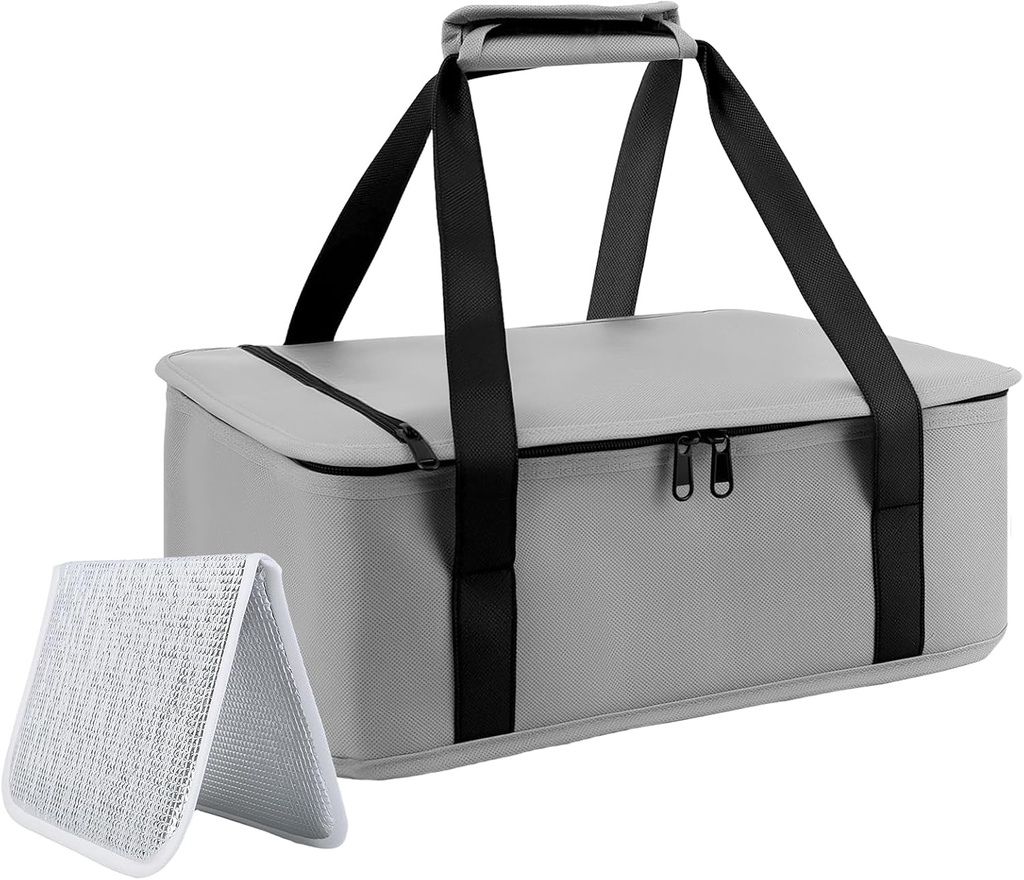 Insulated Casserole Carrier Bag for Hot or Cold Food, Portable Snackle Bags Keep Contanier Thermal and Cooling, Carrying 11x15 Baking Pan,Travel Picnic Cake Dessert Warmer /Cooler Carriers Boxes, Grey