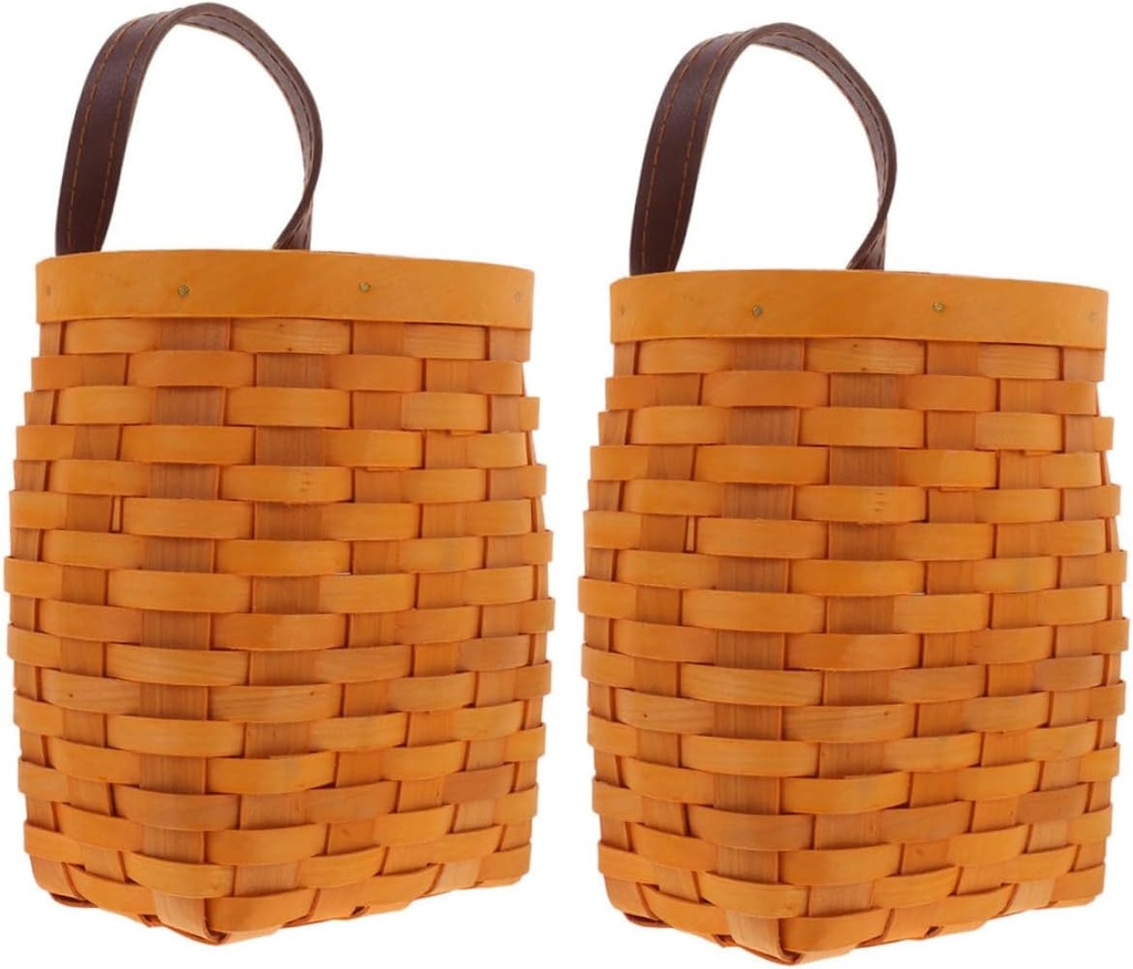 2pcs Woven Storage Baskets Leather Handles Handmade Wooden Fruit and Snack Baskets Wall Hanging for Kitchen and Home Organization