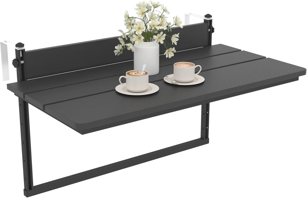 Sundale Outdoor 32" Large Folding Balcony Table for Railing, Patio HDPE Bar Adjustable Hanging Mounted Table for Baluster Garden Deck, Black