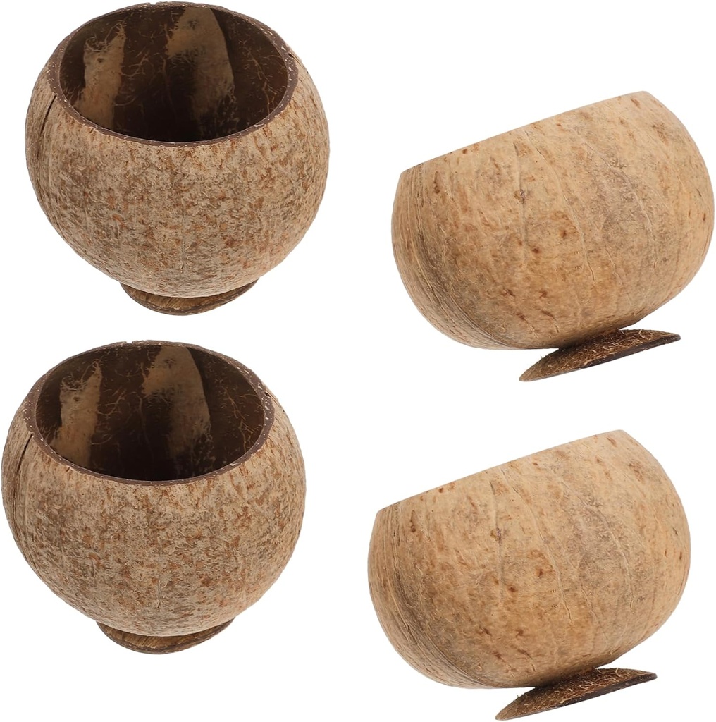 XINRUI 4PCS Coconut Shell Bowls Set, Rustic Dessert Cups With Stable Base for Beach Parties Picnics Cocktails Snacks Reusable Tableware Textured Drinkware