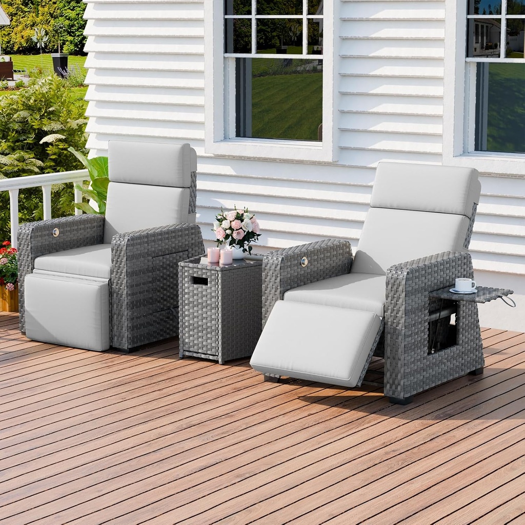 Outdoor Recliners Set of 2, Patio Reclining Chairs Wicker with 150° Lay-Flat Position, Extended Footrest, Flip-Up Side Table, Glass Top Table, Removable Gray Olefin Cushions