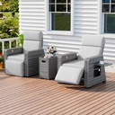 Outdoor Recliners Set of 2, Patio Reclining Chairs Wicker with 150° Lay-Flat Position, Extended Footrest, Flip-Up Side Table, Glass Top Table, Removable Gray Olefin Cushions