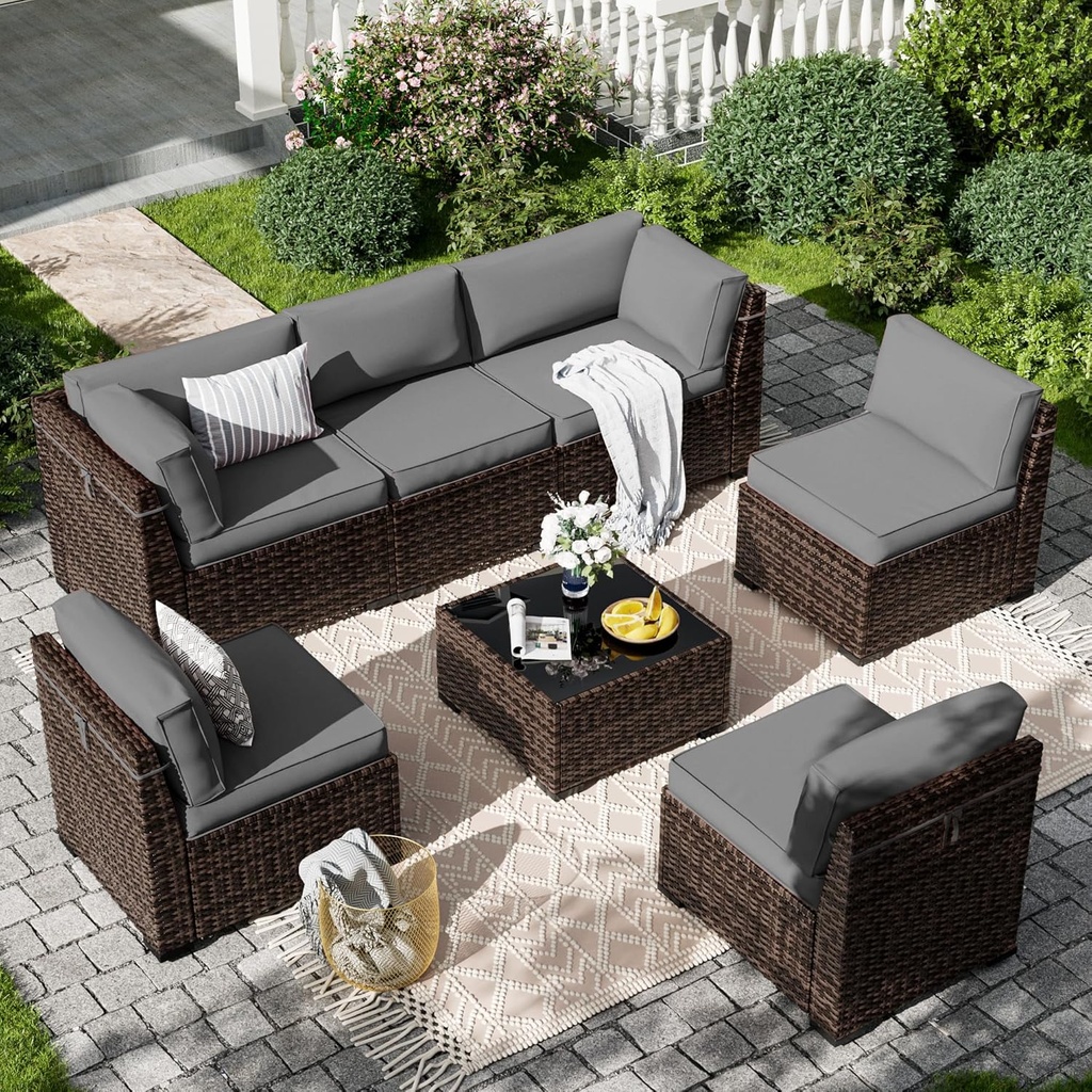 Amopatio Patio Furniture Set, Outdoor Furniture Sofa Set with Slanted Back, 7 Pieces Patio Couch with Glass Coffee Table for Backyard Dark Grey (Waterproof Cover)