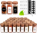 Churboro 48 Spice Jars with 547 Labels and Shaker Lids - Glass - 4 Oz Square Containers with Acacia Wood Lids, Chalk Pen, Funnel Seasoning Jars for Spice Rack, Cabinet, or Drawer