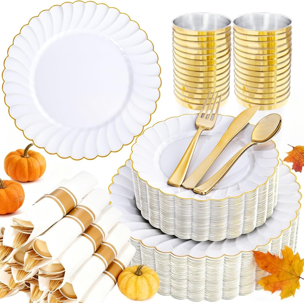 YOUBET 350PCS Gold Scalloped Plastic Plates - White and Gold Disposable Dinnerware Set Include 100 Plates, 150 Gold Silverware, 50 Cups, 50 Napkins for Wedding & Party & Thanksgiving