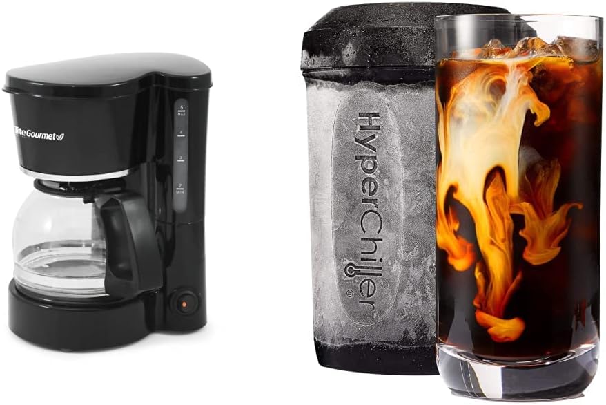 Elite Gourmet EHC-5055 5-Cup Automatic Coffee Maker Brewer with Pause N Serve + HyperChiller HC2 Patented 12.5Oz Instant Coffee/Beverage Cooler Chiller, Iced Tea, Wine, Spirits, Alcohol, Juice, Black