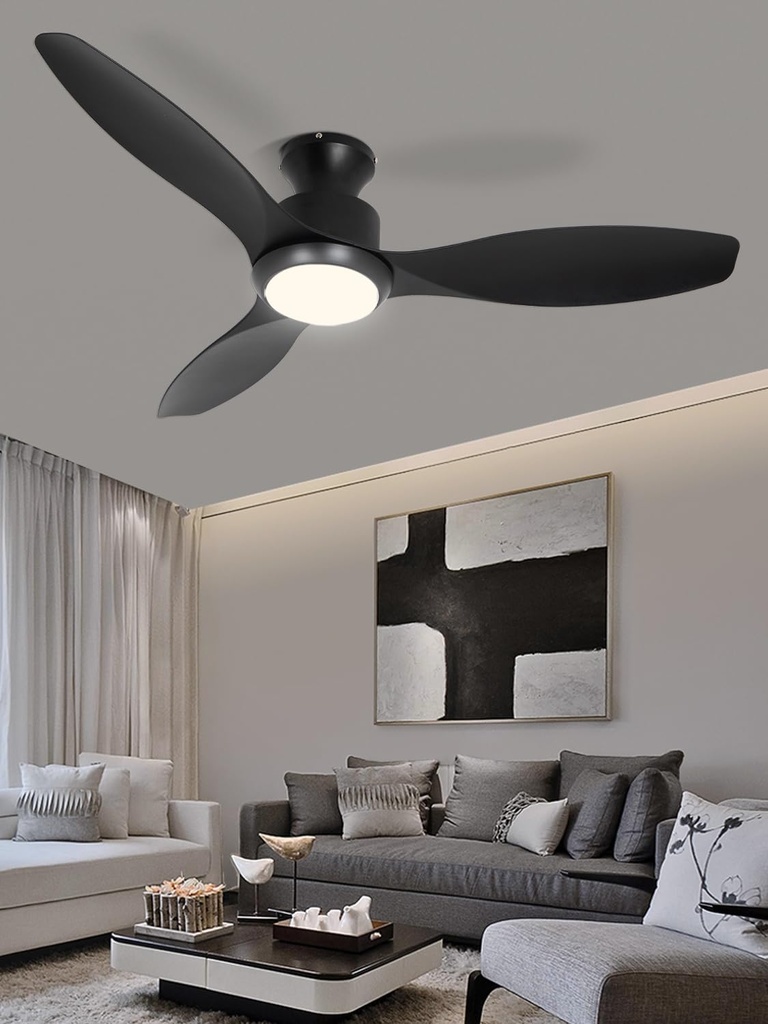 48" Ceiling Fan with Light amd Remote, Black Flush Mount Ceiling Fan with 3 Blades,3 Color Light, 6 Speed, Queit DC Motor, for Indoor/Outdoor/Bedroom/Living Room/Patios, Black