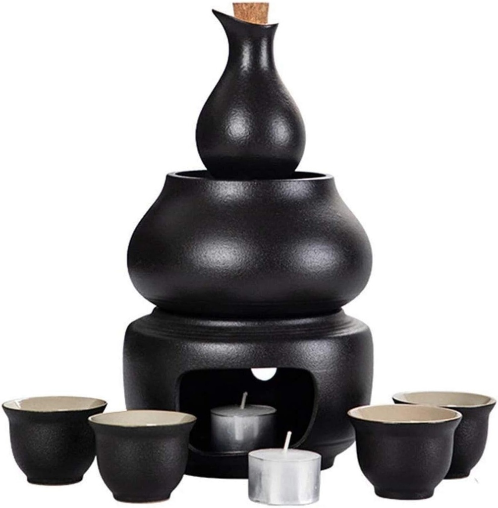 Sake Set Sake Set and Cups with Warmer Keep, Traditional Porcelain Japanese Pottery Hot Saki Drink, 7pcs Include 1 Stove 1 Warming Bowl 1 Sake Bottle 4 Cup