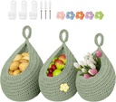 Boho Hanging Fruit Baskets for Kitchen with Hooks and Deco Flowers, 3 Pack handwoven Cotton hanging basket, Wall Basket for Vegetable Potato Onion Home Produce Storage (green)