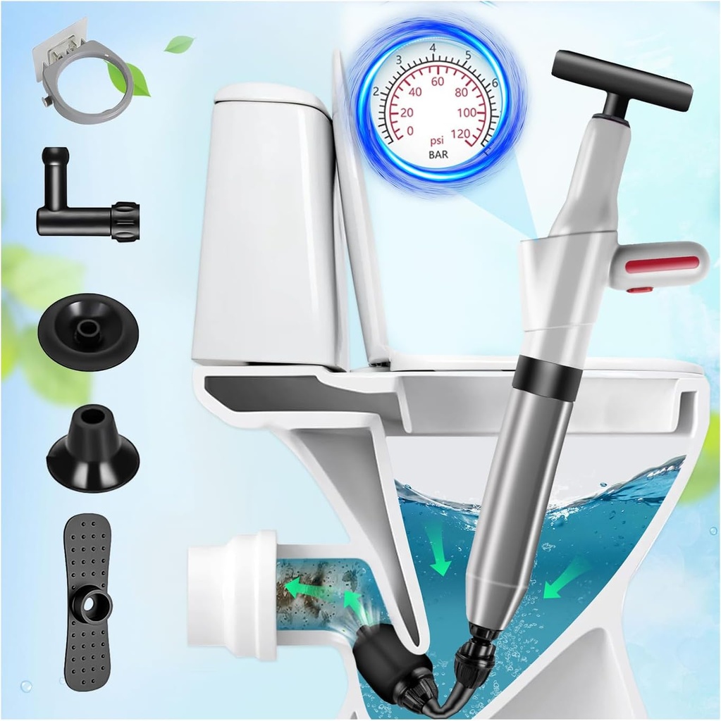 High Pressure Toilet Plunger Heavy Duty, Air Drain Blaster with Real-Time Barometer, Drain Clog Remover Tool, Powerful Sink Plunger for Bathroom Kitchen Toilet Clogged Pipe