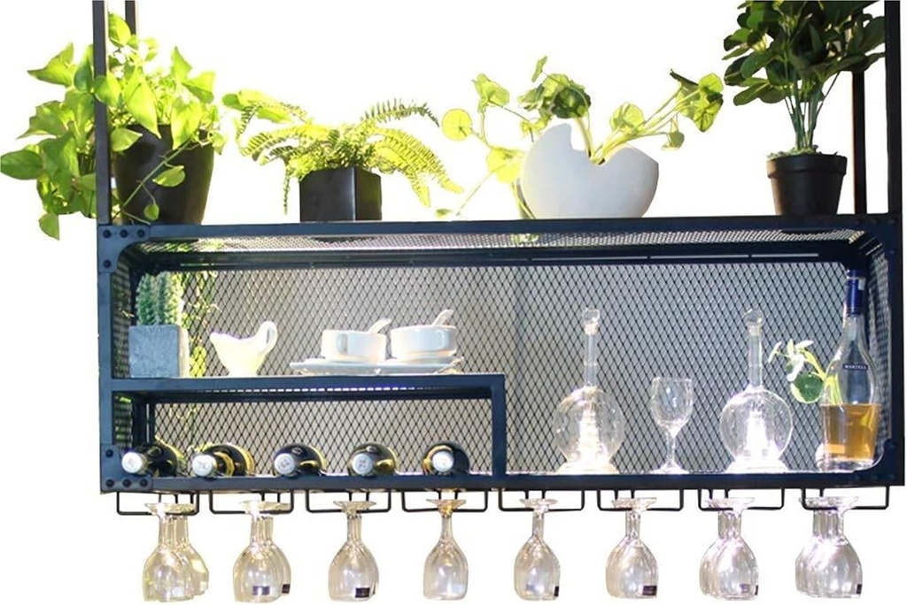 Wine Shelf Ceiling-Mounted Wine Rack with Suspended Glass Holder | Metal Bottle & Stemware Shelf - Black, for Kitchen, Bar & Wine Cellar Wine Holder(80x30x85cm)