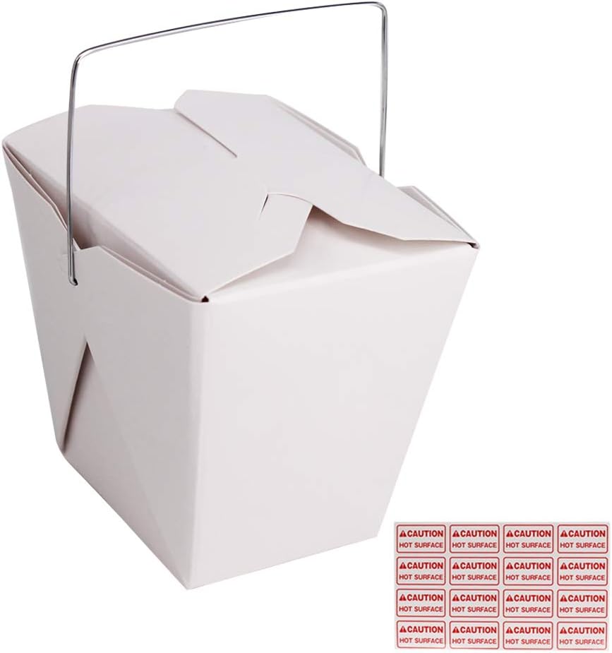50 Pack (16 oz 1 Pint) Chinese Take Out Food Boxes with Metal Wire Handle & 4 Pack(64 Pcs) Labels, Paper Take Out Food Containers For Hot Or Cold Food