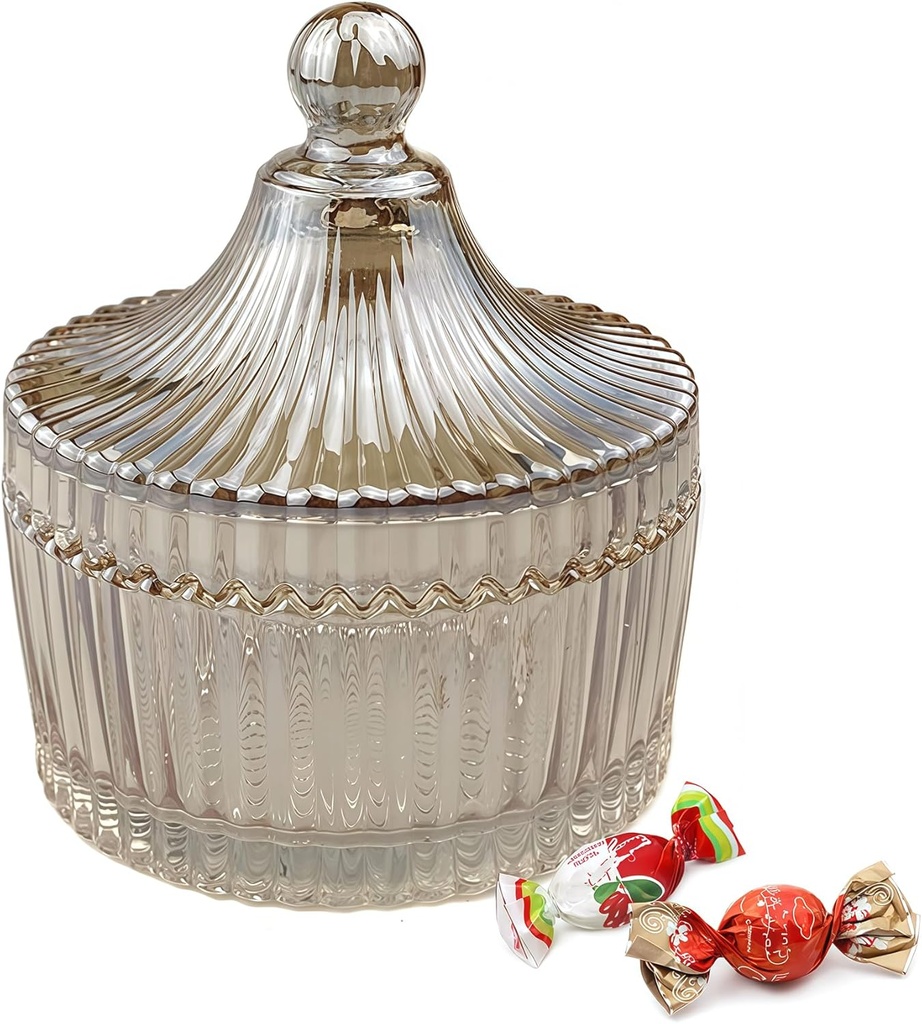 Amber 280ML 10OZ Crystal Glass Candy Dish with Lid Decorative Covered Bowl Container Box Apothecary Jar for Home, Kitchen, Office, Desk, Gift