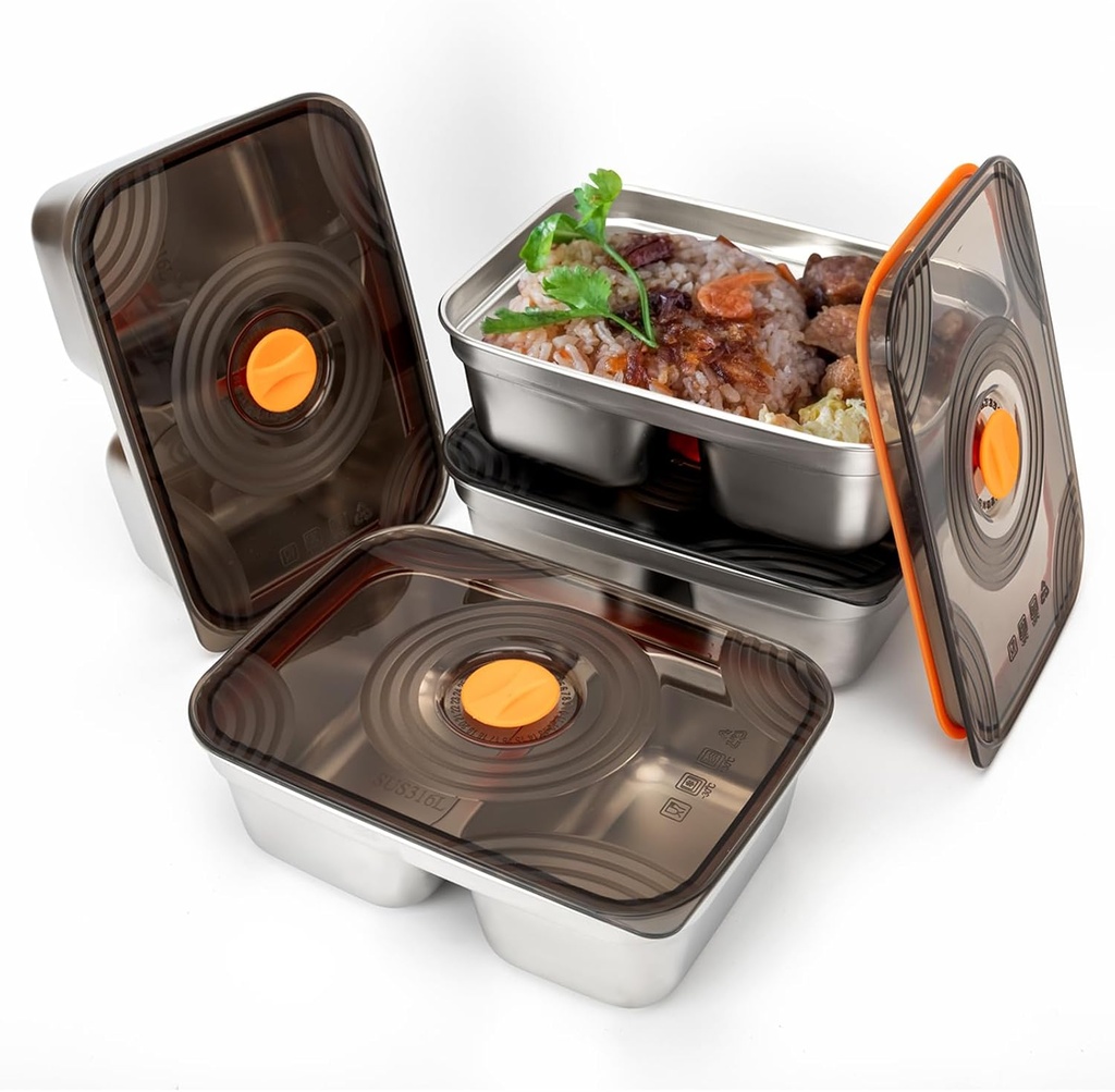 4 Pack Stainless Steel food storage containers(20oz) leak proof & airtight lids for Kitchen,Dual Compartment,freezer and microwave safe Containers For snack Meal Prep, Leftovers, Freezer