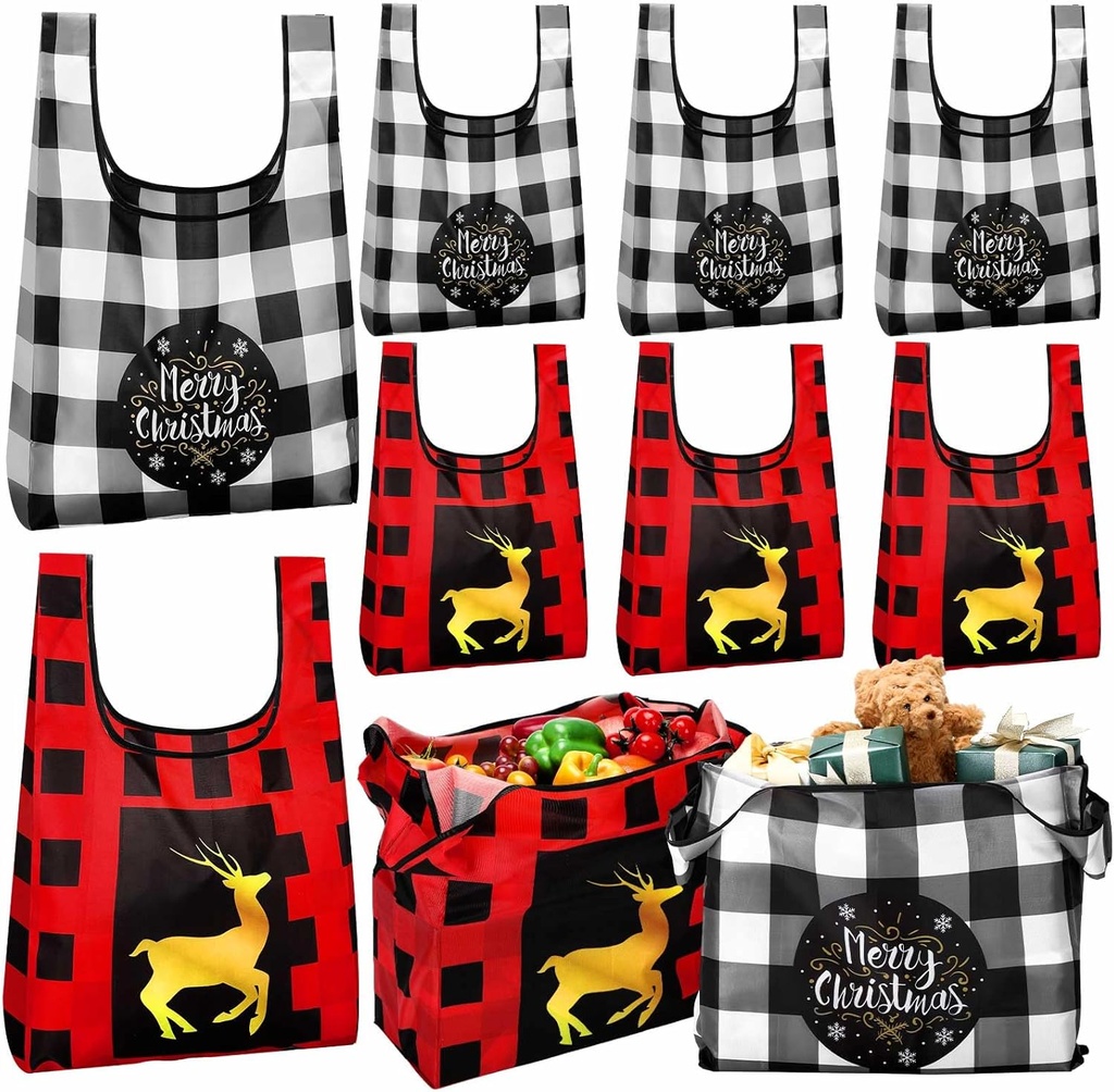 12 Pack Buffalo Plaid Christmas Reusable Grocery Tote Bags Bulk Shopping Heavy Duty Foldable Christmas Gift Bags with Handles Large Holiday Gifts