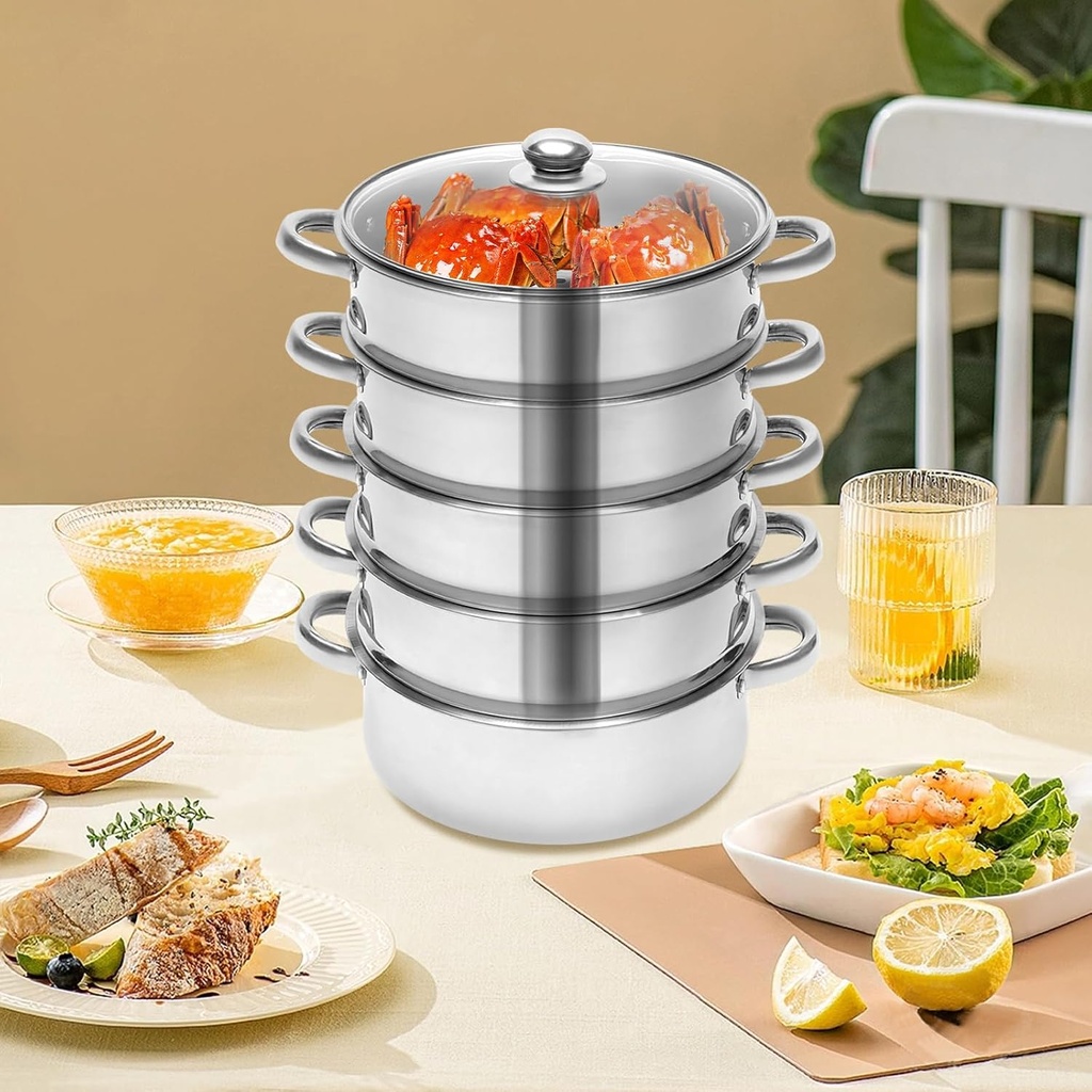 5 Tier Stainless Steel Steamer Pot Food Steamer Cooker,Stackable Vegetable Steam Pot with Glass Lid,Kitchen Multi Tier Steamer Cookware Pot for Cooking Corn,Dumpling,Fish (26cm)