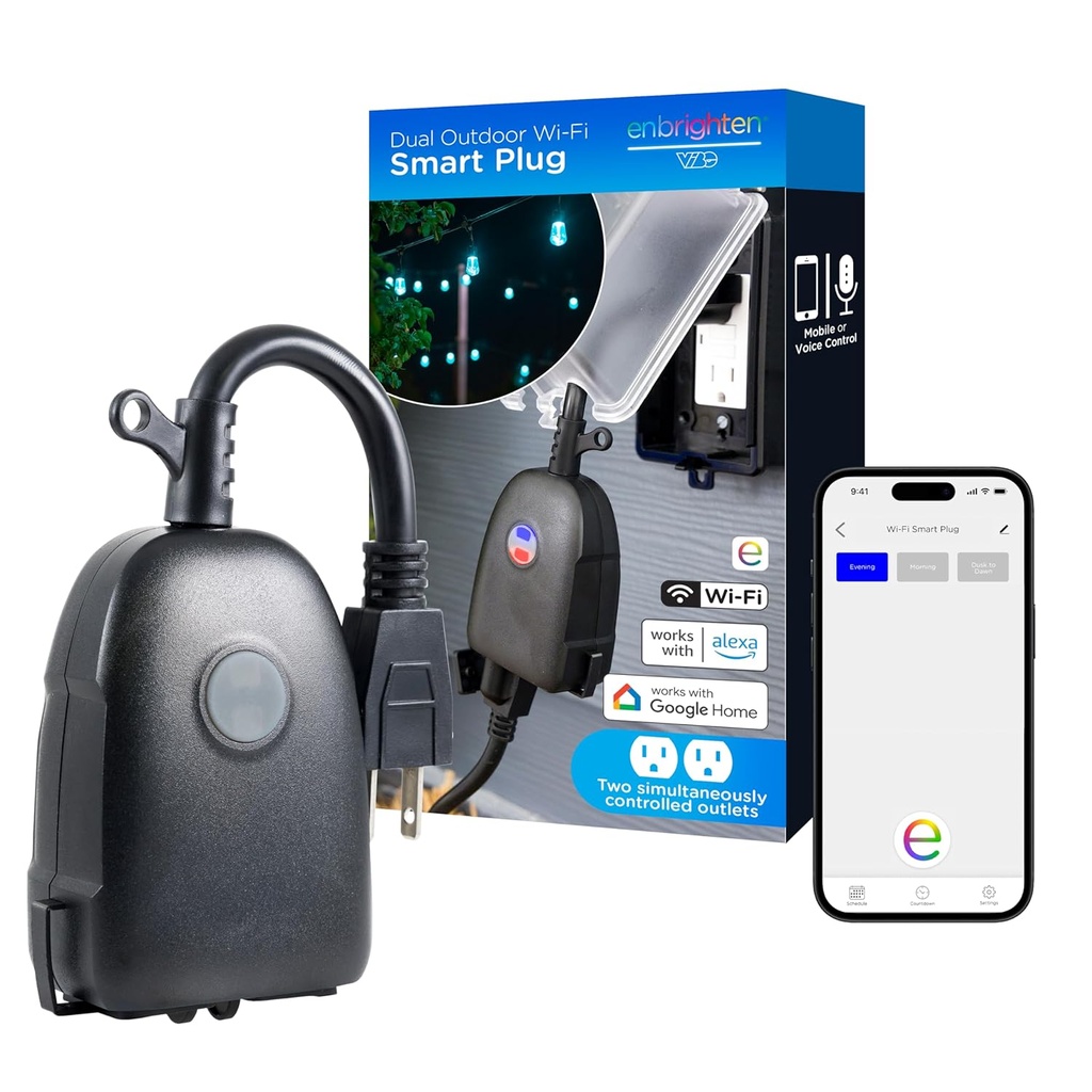 Enbrighten Vibe Outdoor Smart Plug, 2 Grounded Outlets, Weather-Resistant, Custom ON/Off Controls, Schedule Outdoor Lighting, Works with Alexa, Google Assistant, Black,51251