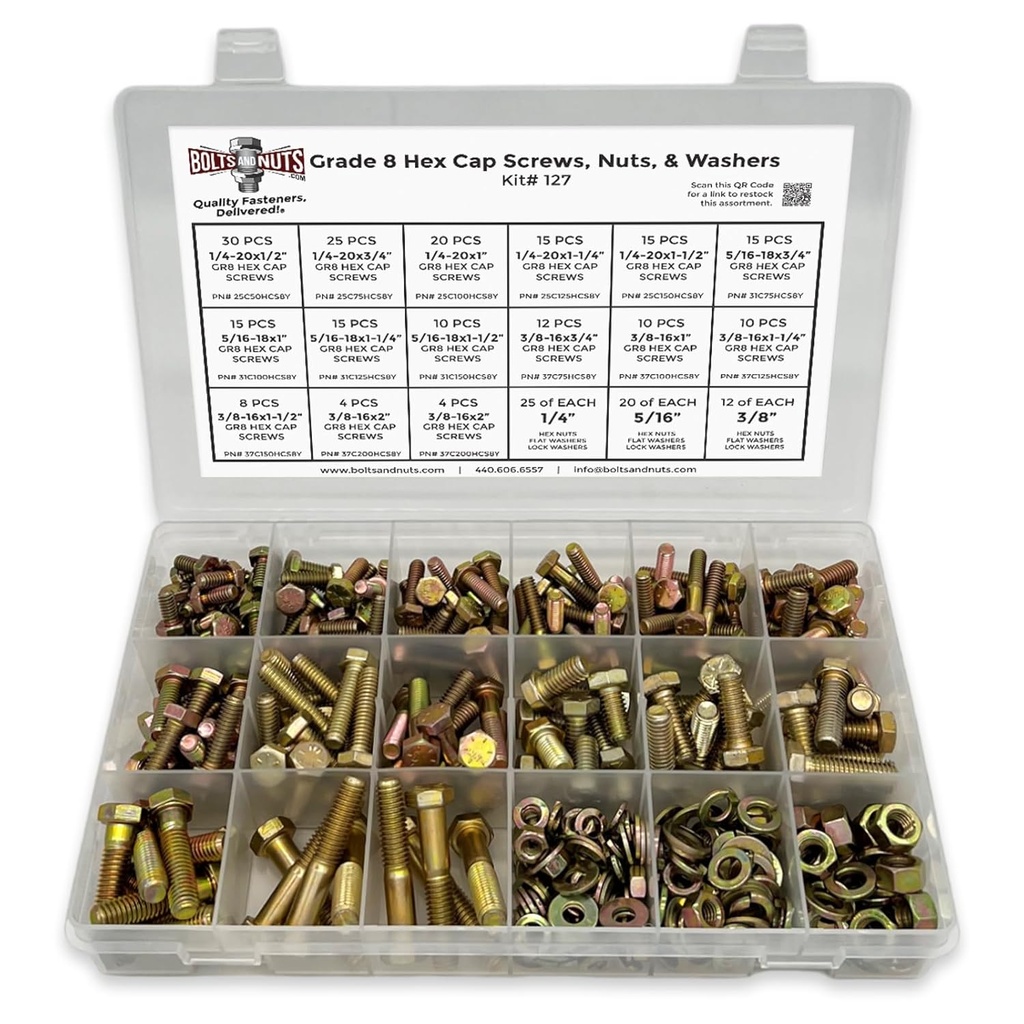 Grade 8 Hex Cap Bolts Screws, Nuts, Washers, Lock Washers Assortment Kit - 380 Pieces!