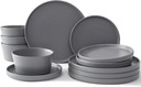 UMINEUX Ceramic Dinnerware Set for 4, 12-Piece Plates and Bowls Set for Kitchen and Dining, Modern Dishes Set, Dishwasher & Microwave Safe, Gray