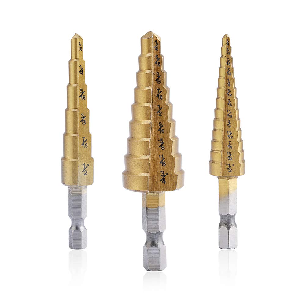 Aleric Step Drill Bit Set - Titanium Coated, High Speed Steel Drill Cone Bits for Aluminum, Wood and Plastic Hole Drilling Cutting, Multi Size Hole Stepped Up Unibit for DIY Lovers,3pcs