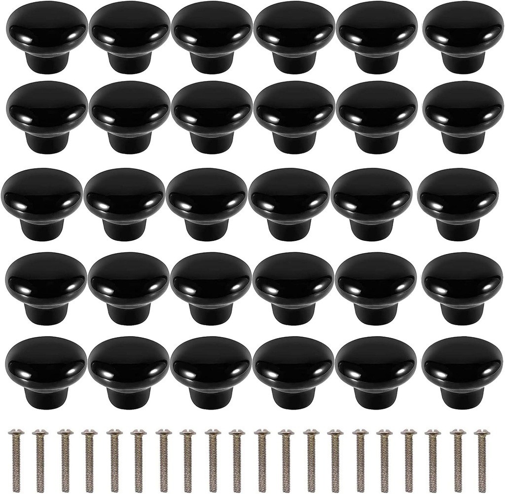 ZOENHOU 30 Pack Black Ceramic Cabinet Knobs, Vintage Ceramic Round Door Knobs with 30 Screws, Pull Door Drawer Handles for Dresser Kitchen Cupboard Home Office Drawer,1.25inch