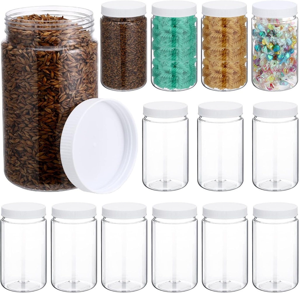 15 Pack 32 oz Plastic Jars with Lids Clear Mason Jars Large Storage Container Wide Mouth Empty Bulk for Home Food Candy Organizing Kitchen(White)
